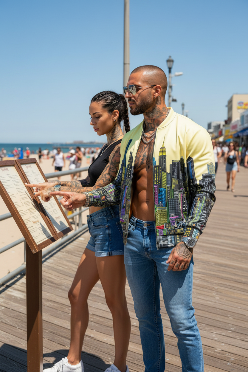 A man and a woman standing on a sunny boardwalk by the ocean, looking at an informational sign. The man wears a light yellow and multicolor Loria NYC Art cityscape-print jacket over an open shirt, blue jeans, and sunglasses.