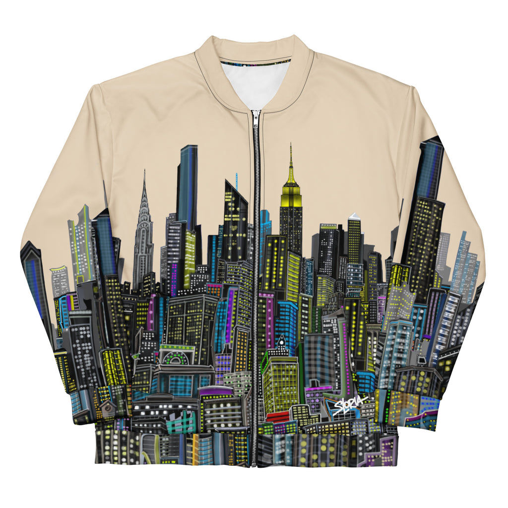 Beige bomber jacket with Loria NYC Art cityscape design on a white background