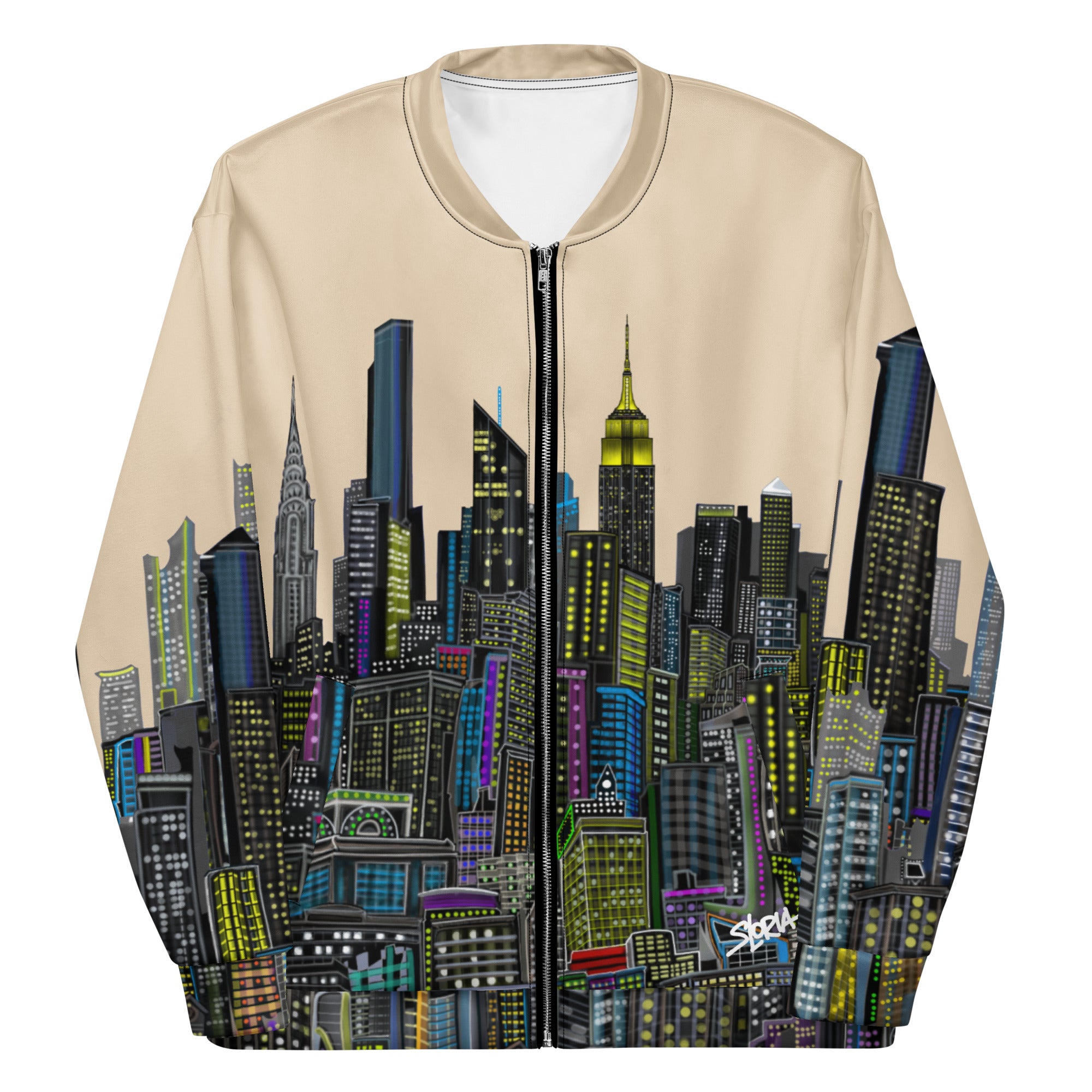 Front image of bomber jacket with folded sleeves and colorful cityscape Loria NYC Art design 