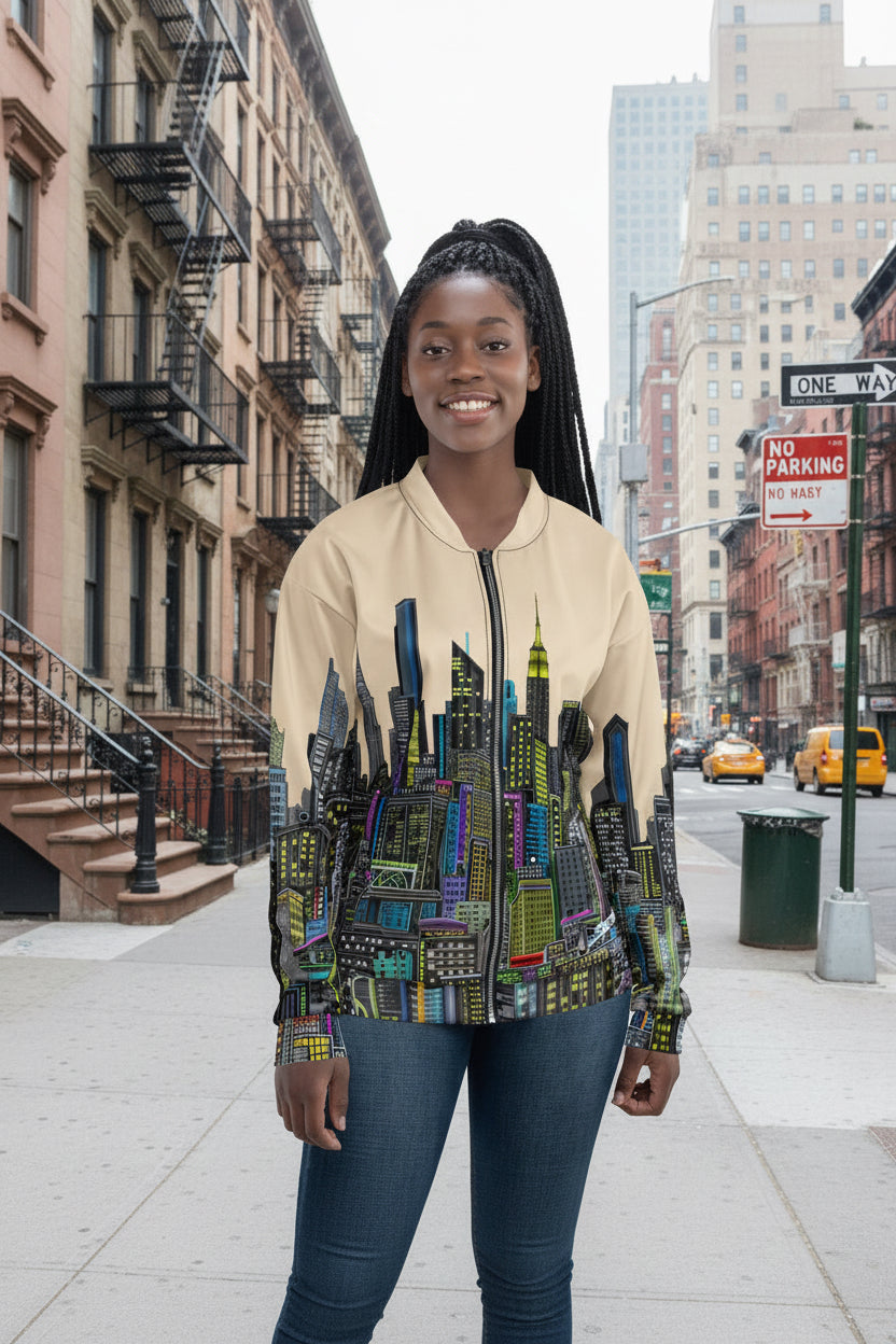 Person wearing a bomber jacket with a Loria NYC Art cityscape design on a white background