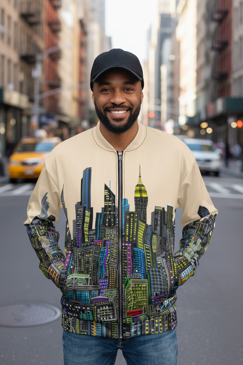 Man wearing a jacket with a Loria NYC Art cityscape design on a city street