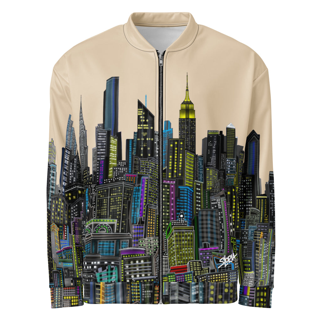 Beige bomber jacket with a colorful Loria NYC Art cityscape design on a white background