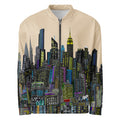 Beige bomber jacket with a colorful Loria NYC Art cityscape design on a white background