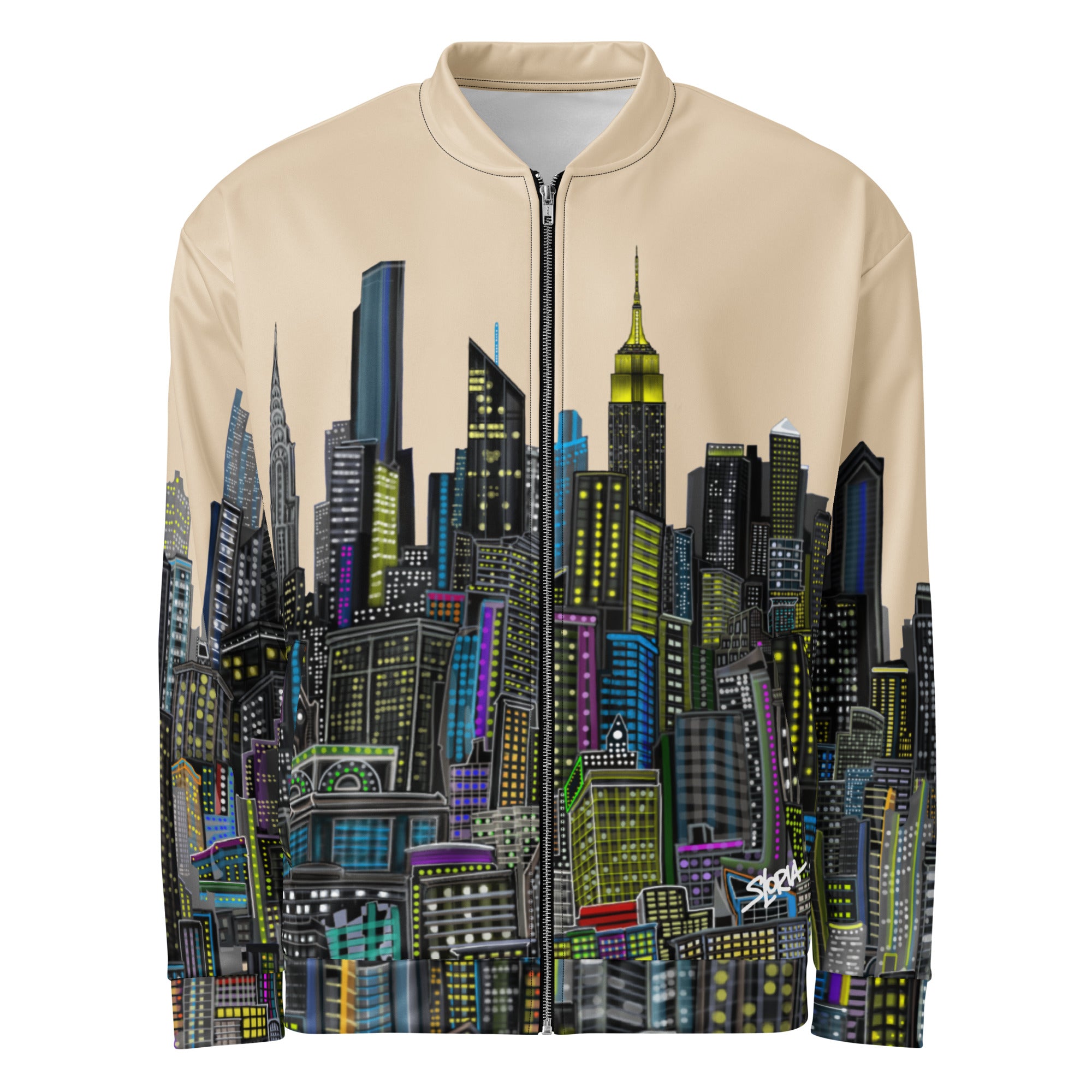 Beige bomber jacket with a colorful Loria NYC Art cityscape design on a white background