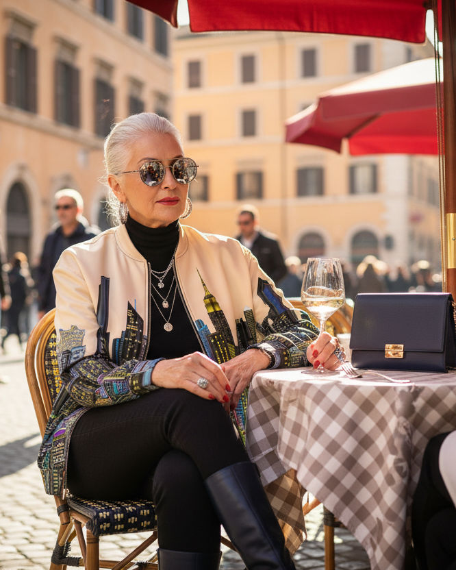Woman wearing a Loria NYC Art jacket sitting at an outdoor cafe table in an urban setting