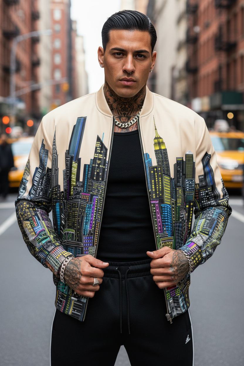 Man wearing a colorful Loria NYC Art jacket with cityscape design on a city street