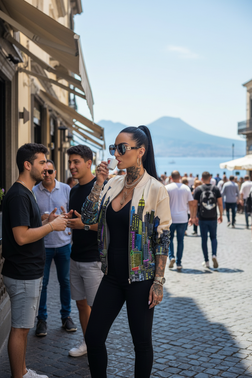 Woman wearing a Loria NYC Art jacket with tattoos and sunglasses standing on a street with mountains in the background