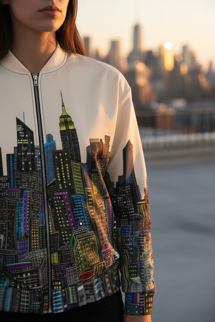Person wearing a bomber jacket with a cityscape Loria NYC Art design against a blurred city skyline.