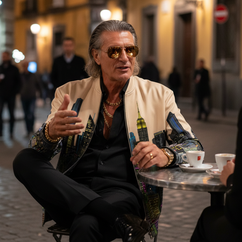 Man in stylish Loria NYC Art  jacket and sunglasses sitting at a table with a cup, on a city street.