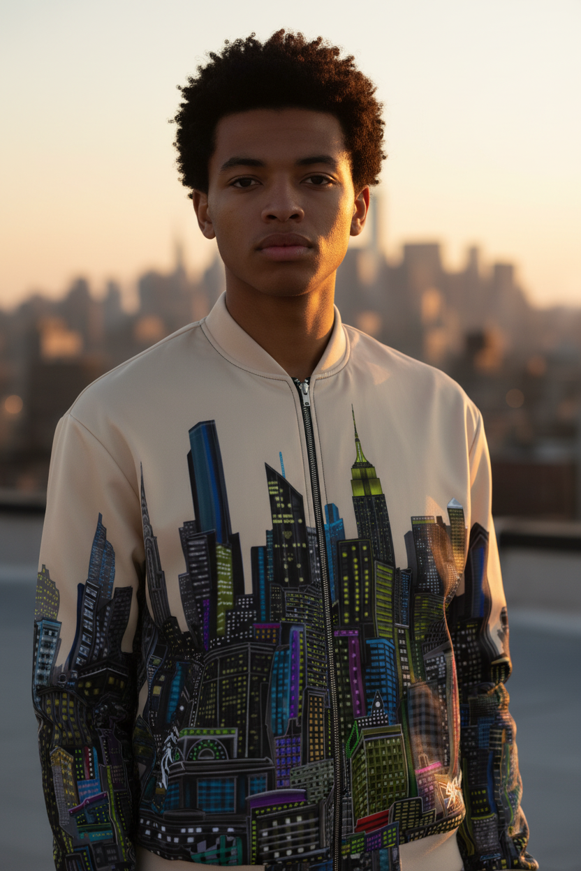 Person wearing a jacket with cityscape Loria NYC Art design against a blurred city skyline