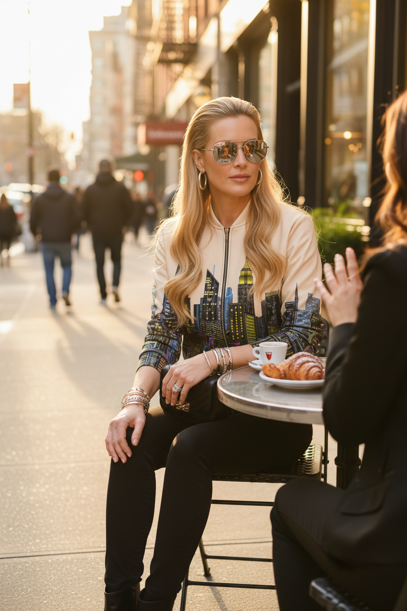 Woman sitting at an outdoor cafe table in a city street, wearing a stylish Loria NYC Art outfit with sunglasses.