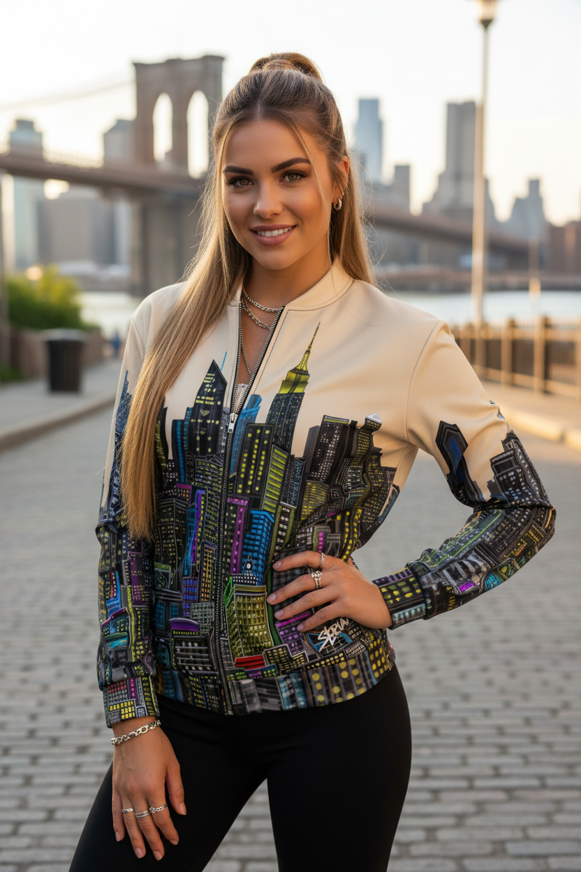 Woman wearing a colorful Loria NYC Art jacket with a cityscape background