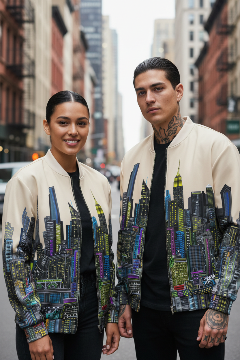 Two people wearing jackets with colorful cityscape Loria NYC Art designs on a city street.