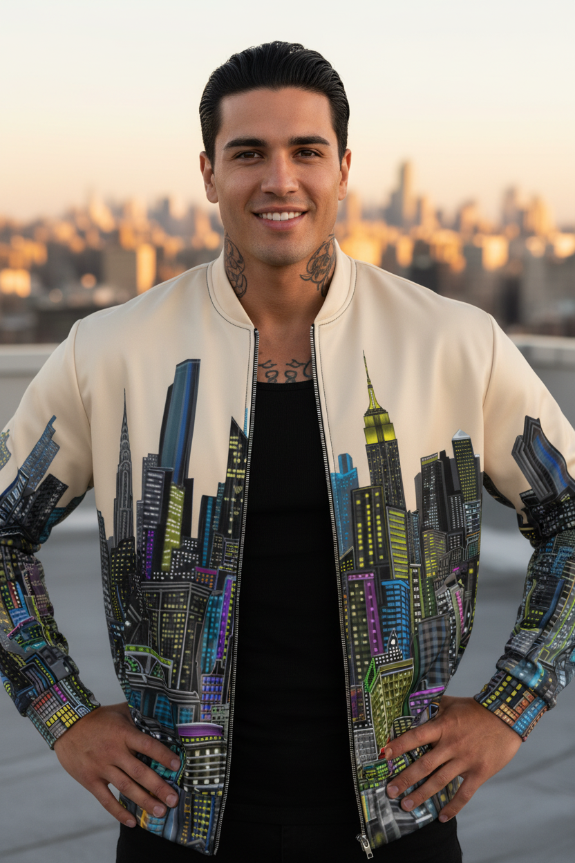 Man wearing a stylish jacket with cityscape Loria NYC Art design against a blurred cityscape background