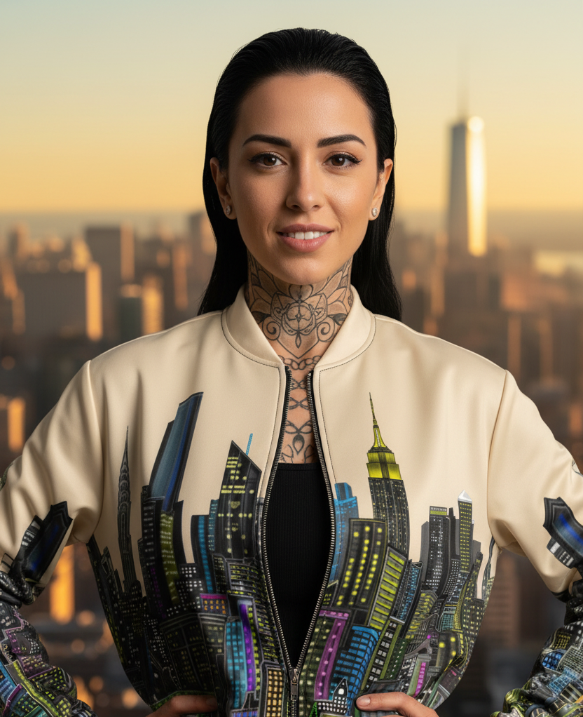 Woman wearing a jacket with Loria NYC Art cityscape design against a blurred city skyline
