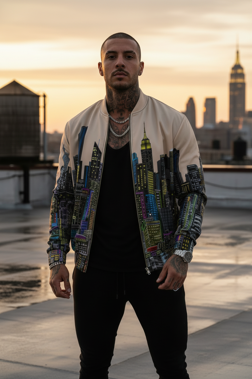 Man wearing a Loria NYC Art colorful jacket with a city skyline in the background
