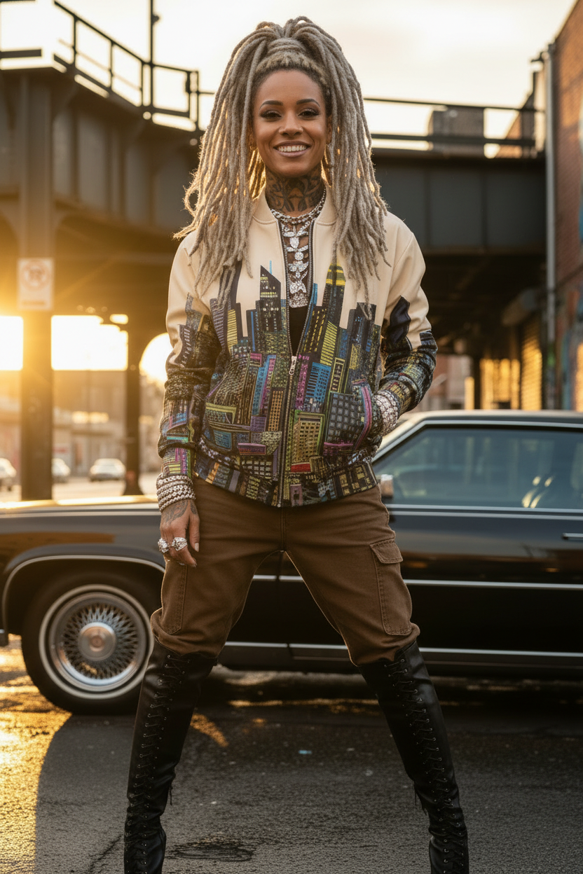 Person wearing a colorful Loria NYC Art jacket and brown pants standing in an urban setting with a car in the background.