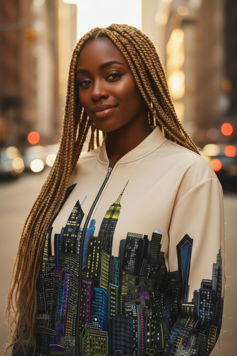 Woman wearing a jacket with a cityscape Loria NYC Art design on a city street.