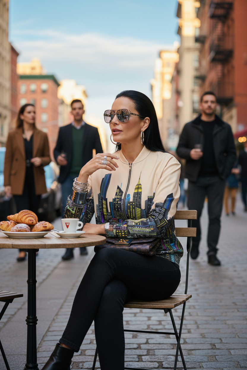 Woman wearing a Loria NYC Art jacket sitting at an outdoor cafe table in an urban setting, sipping a drink.