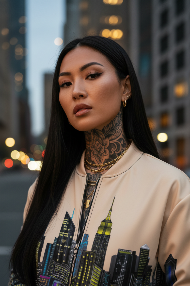 Women wearing a beige Loria NYC Art colorful bomber jacket in an urban background.