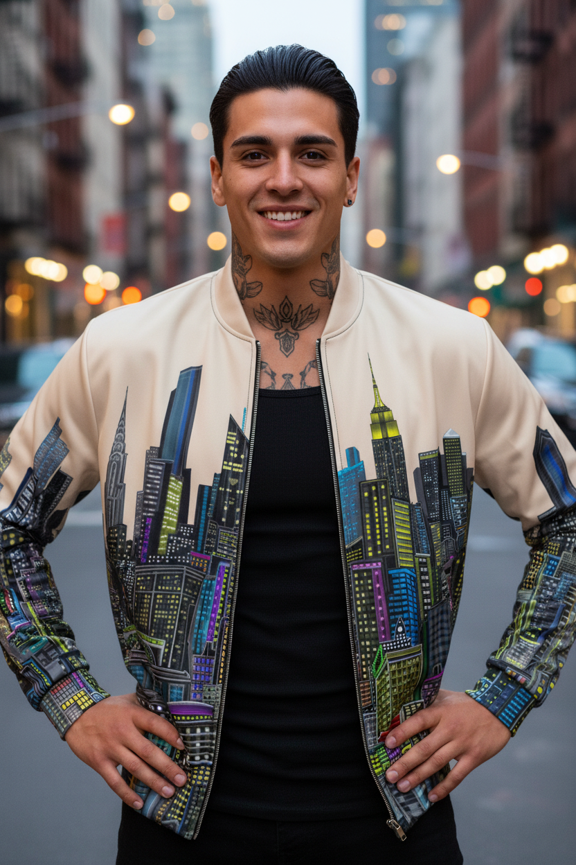 Man wearing a colorful Loria NYC Art jacket in an urban setting 