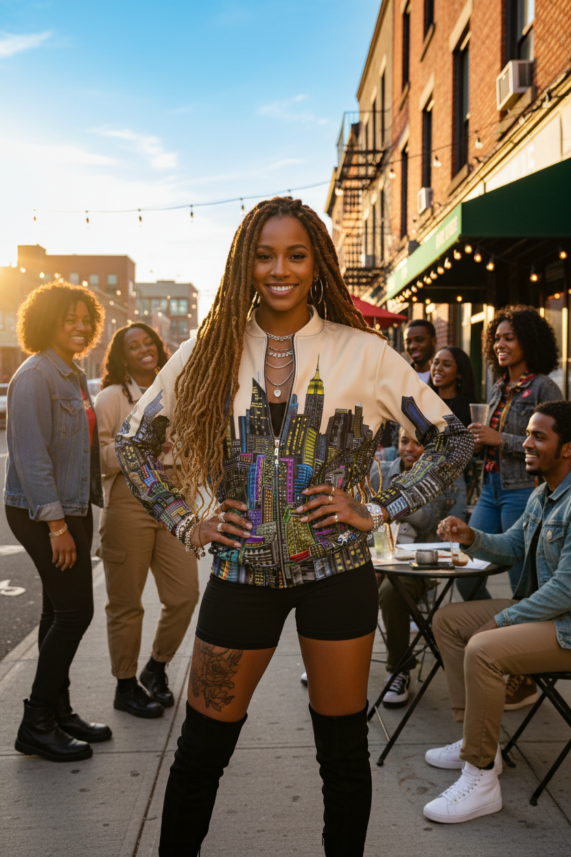 Woman standing on a city street with a Loria NYC Art colorful jacket, surrounded by people.