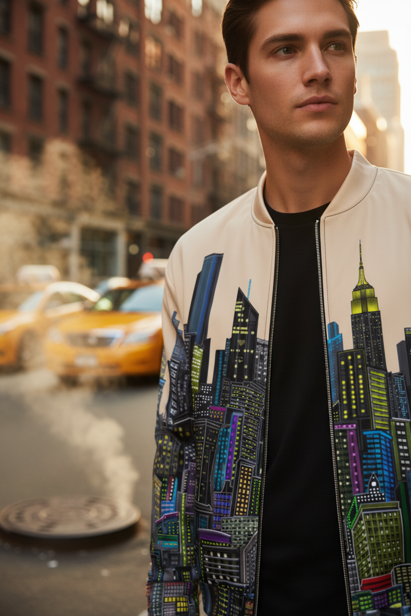 Man wearing a colorful Loria NYC Art cityscape jacket on a city street with a taxi in the background