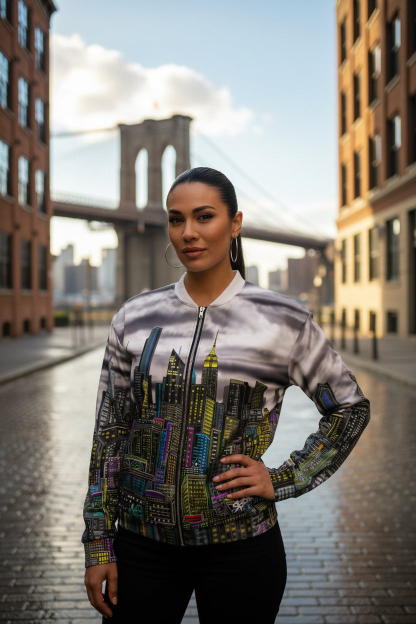 Woman wearing a jacket with a cityscape design by Loria NYC Art on a white background