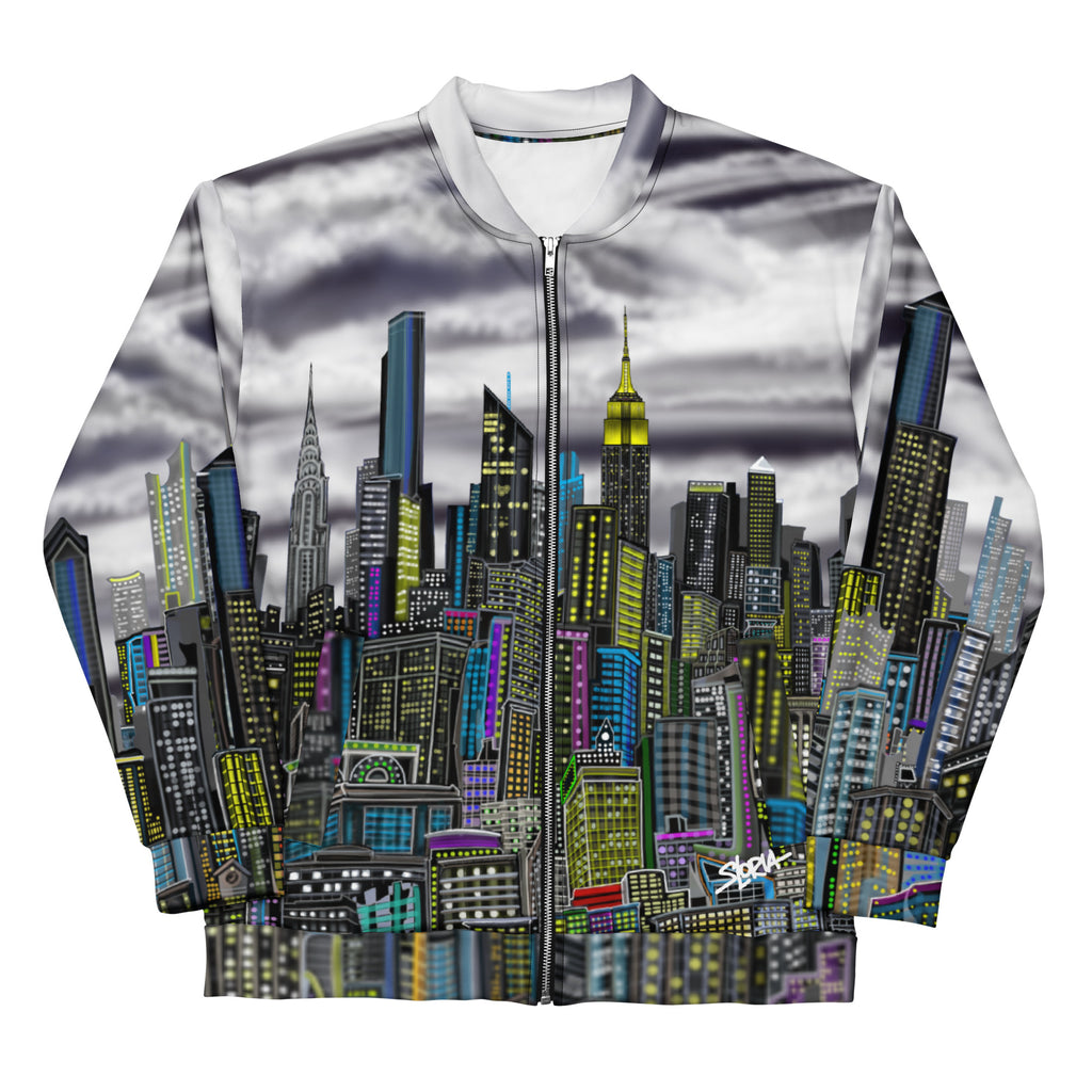Front folded sleeves on a City cloudy skyline designed on a jacket by Loria NYC Art