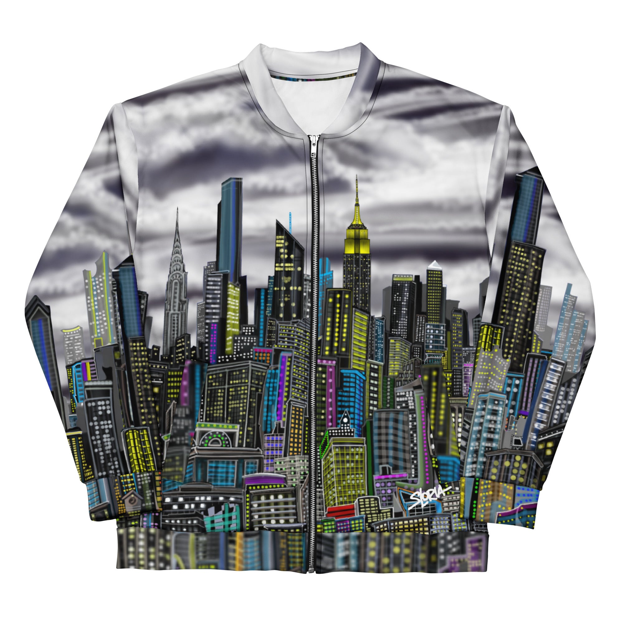 Front folded sleeves on a City cloudy skyline designed on a jacket by Loria NYC Art
