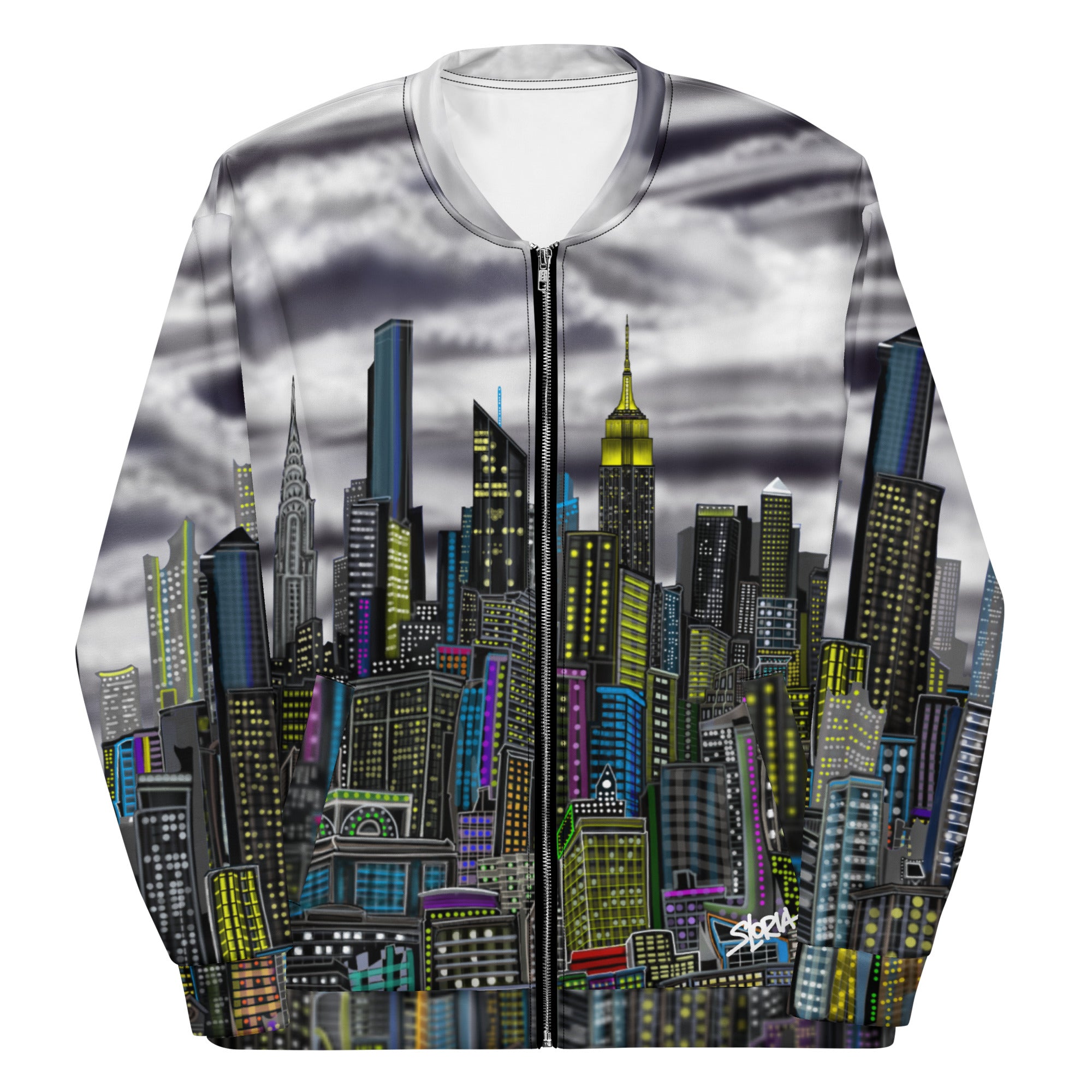 City skyline with stormy clouds designed on a jacket by Loria NYC Art