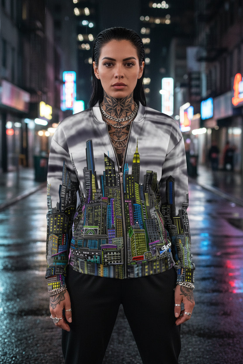 Person wearing a bomber jacket with a cityscape design by Loria NYC Art on a white background