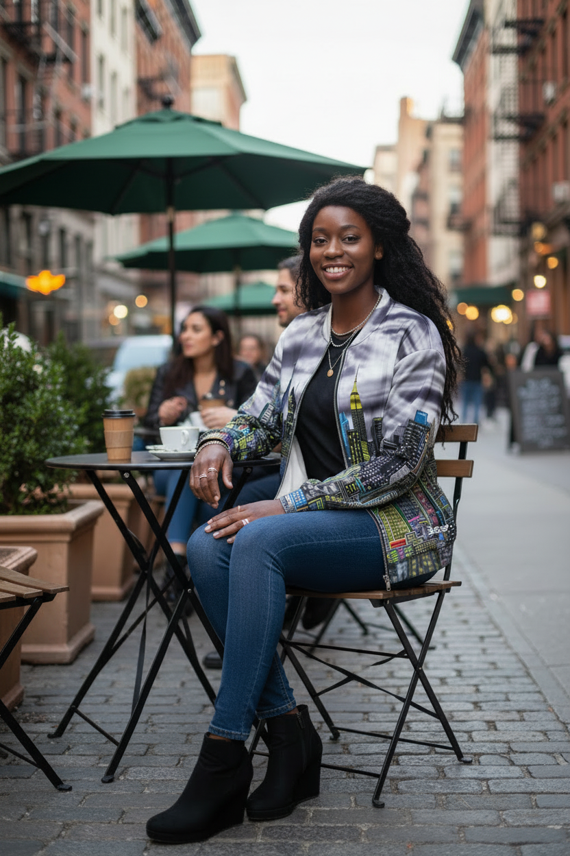 Woman wearing a Loria NYC Art jacket sitting at an outdoor cafe table in an urban setting