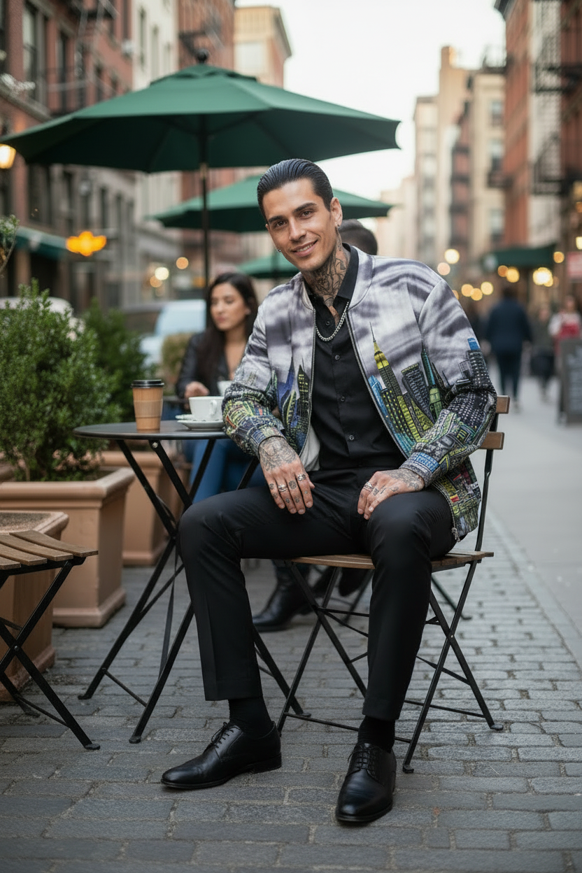 Man sitting at an outdoor cafe table wearing a Loria NYC Art jacket in an urban setting