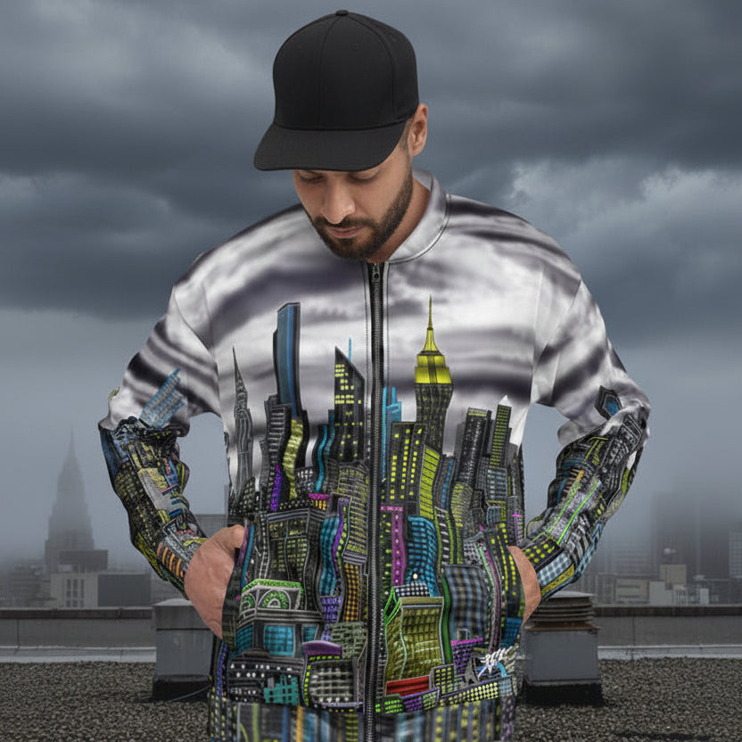 Man wearing a jacket with a cityscape design by Loria NYC Art on roof and cloudy background