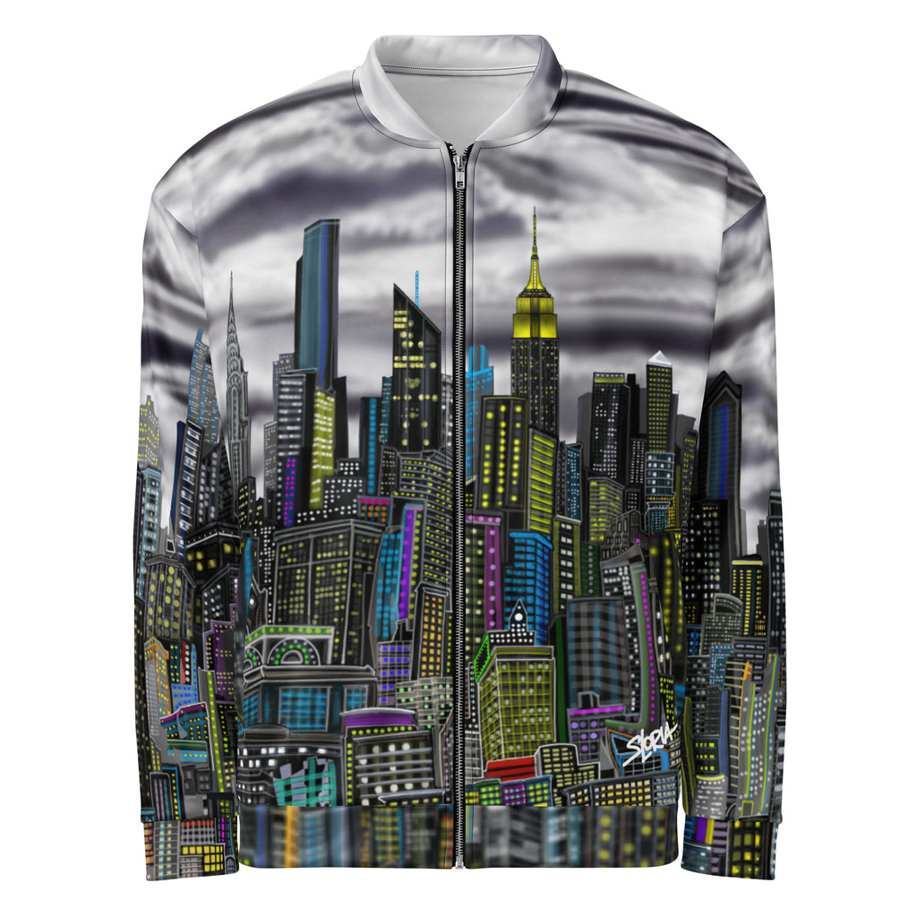 Stormy looking Jacket with a cityscape design by Loria NYC Art on a white background