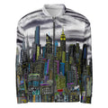 Stormy looking Jacket with a cityscape design by Loria NYC Art on a white background