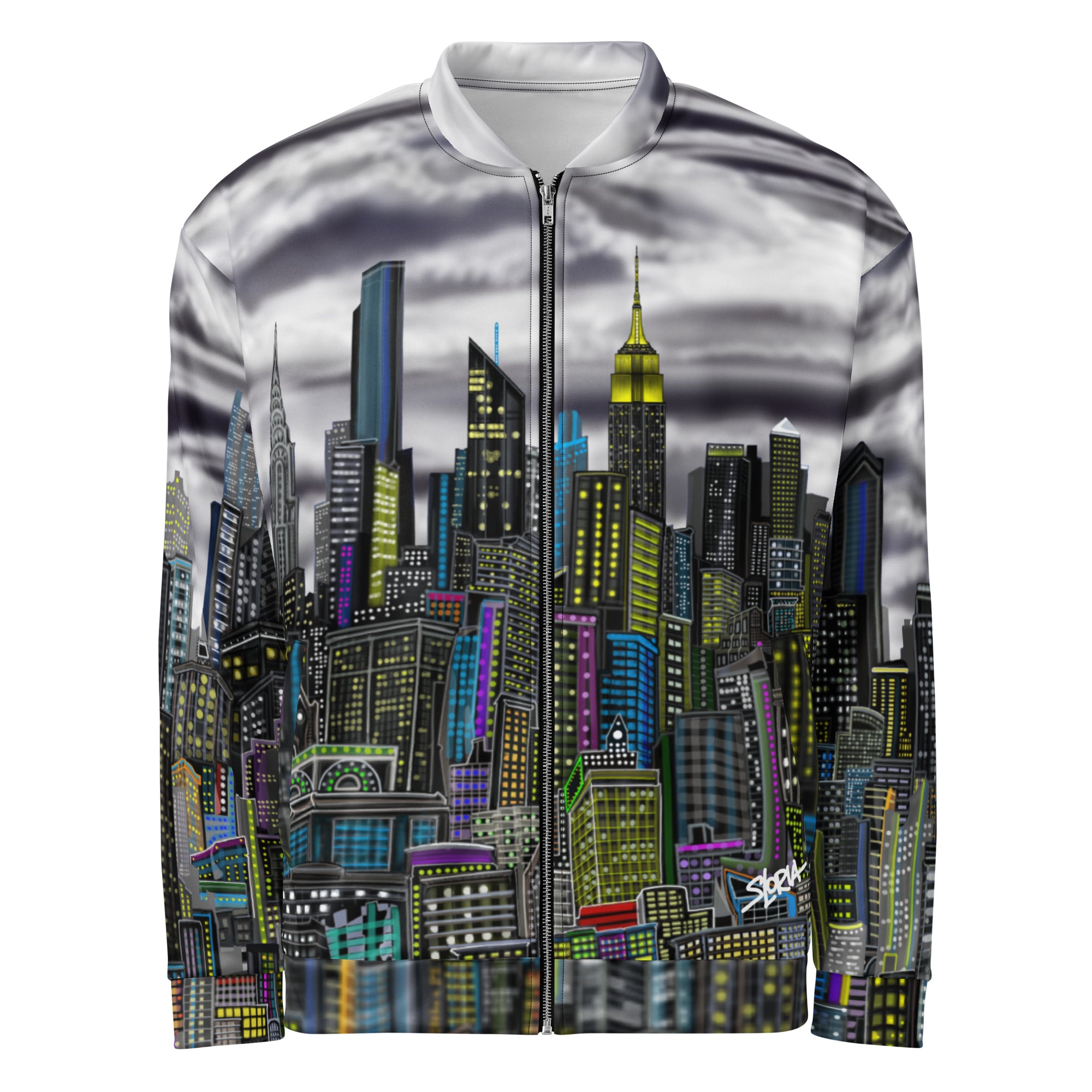 Stormy looking Jacket with a cityscape design by Loria NYC Art on a white background