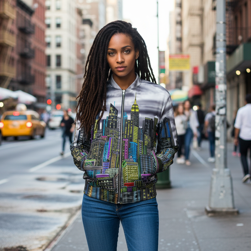 Woman wearing a colorful jacket with Loria NYC Art cityscape design on a city street.