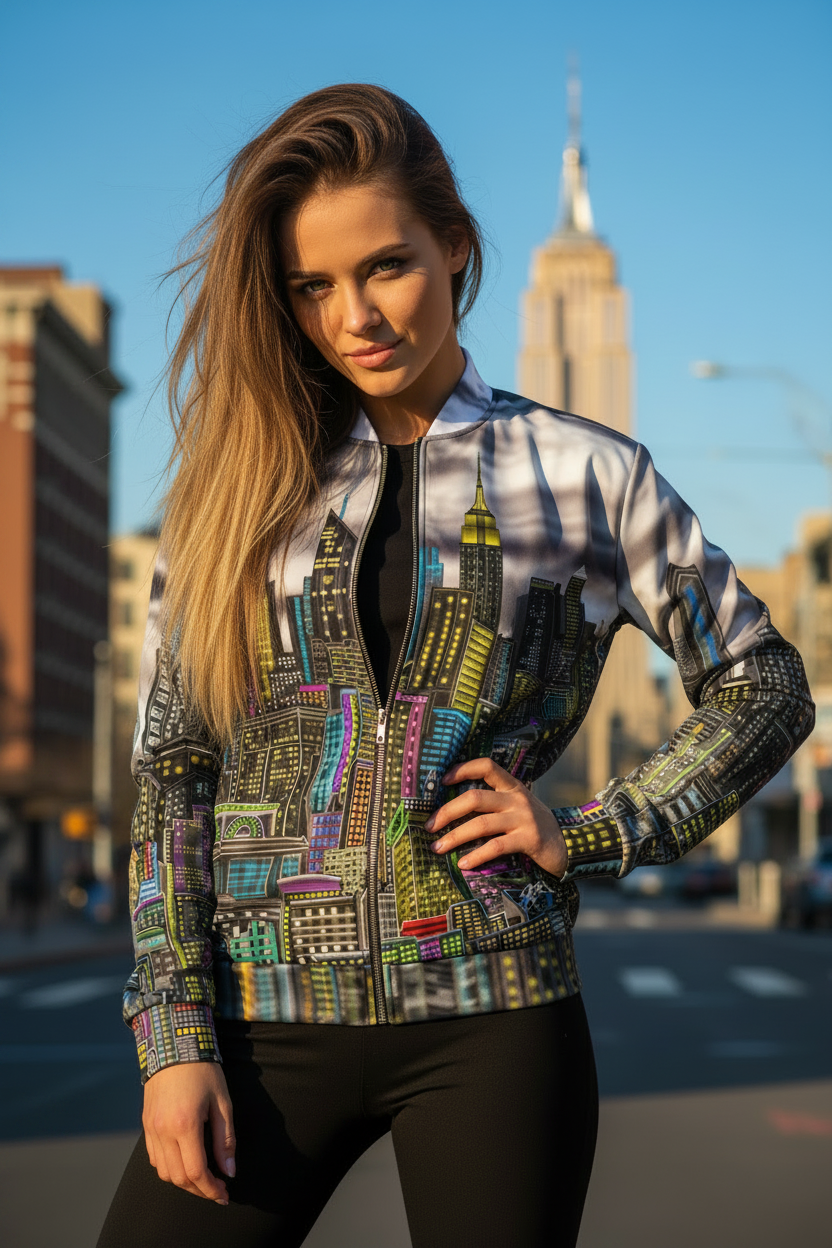 Women wearing colorful Loria NYC Art jacket on a city street