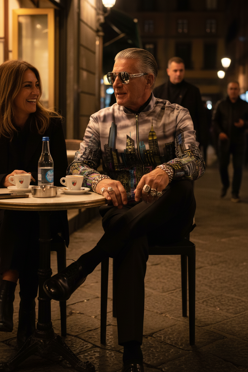 Man sitting at an outside cafe at night wearing a Loria NYC Art jacket.