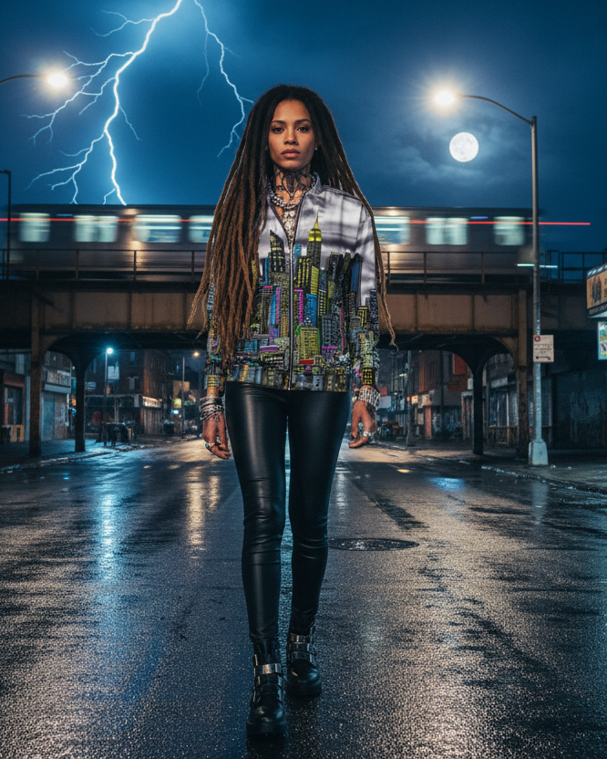 Person walking on a rain-soaked street with lightning in the background wearing jacket by Loria NYC Art