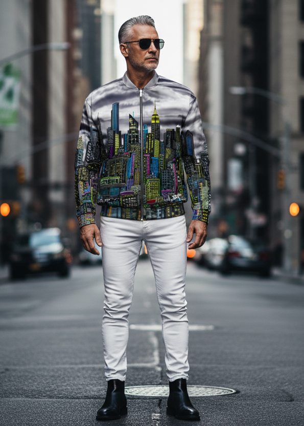 Man in a colorful Loria NYC Art jacket and white pants standing on a city street.