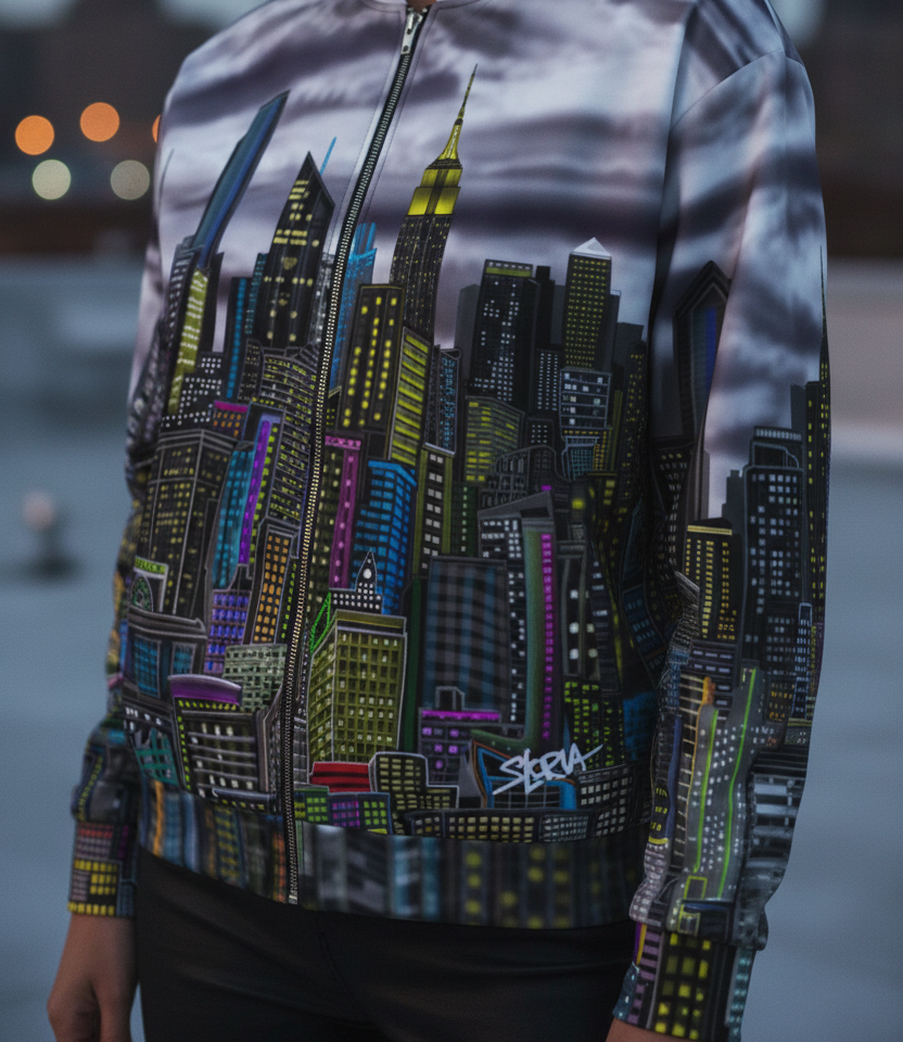 Person wearing a jacket with a cityscape design by Loria NYC Art in an urban setting