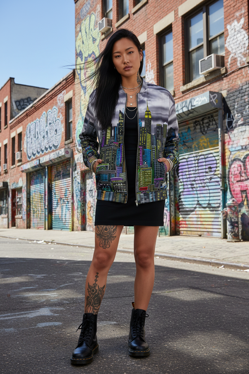 Woman standing on a street with colorful Loria NYC Art jacket and graffiti in the background