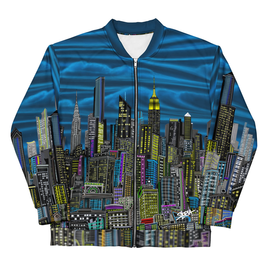 Jacket with cityscape on a white background designed by Loria NYC Art