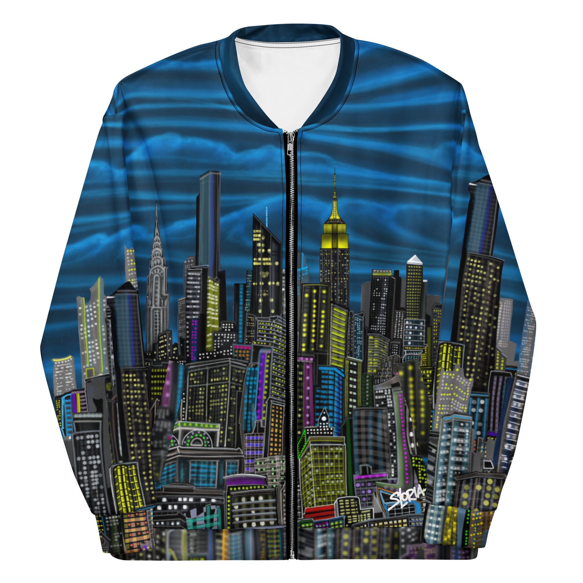 Folded sleeves jacket with a blue city designed by Loria NYC Art on a white background