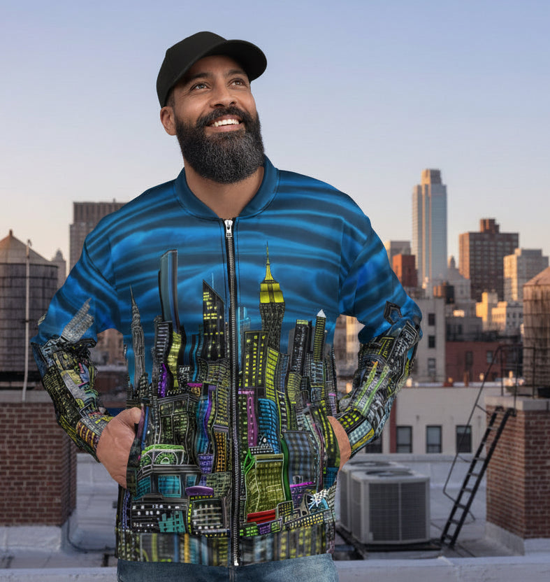Man wearing a colorful cityscape jacket cityscape designed by Loria NYC Art on a urban rooftop background 