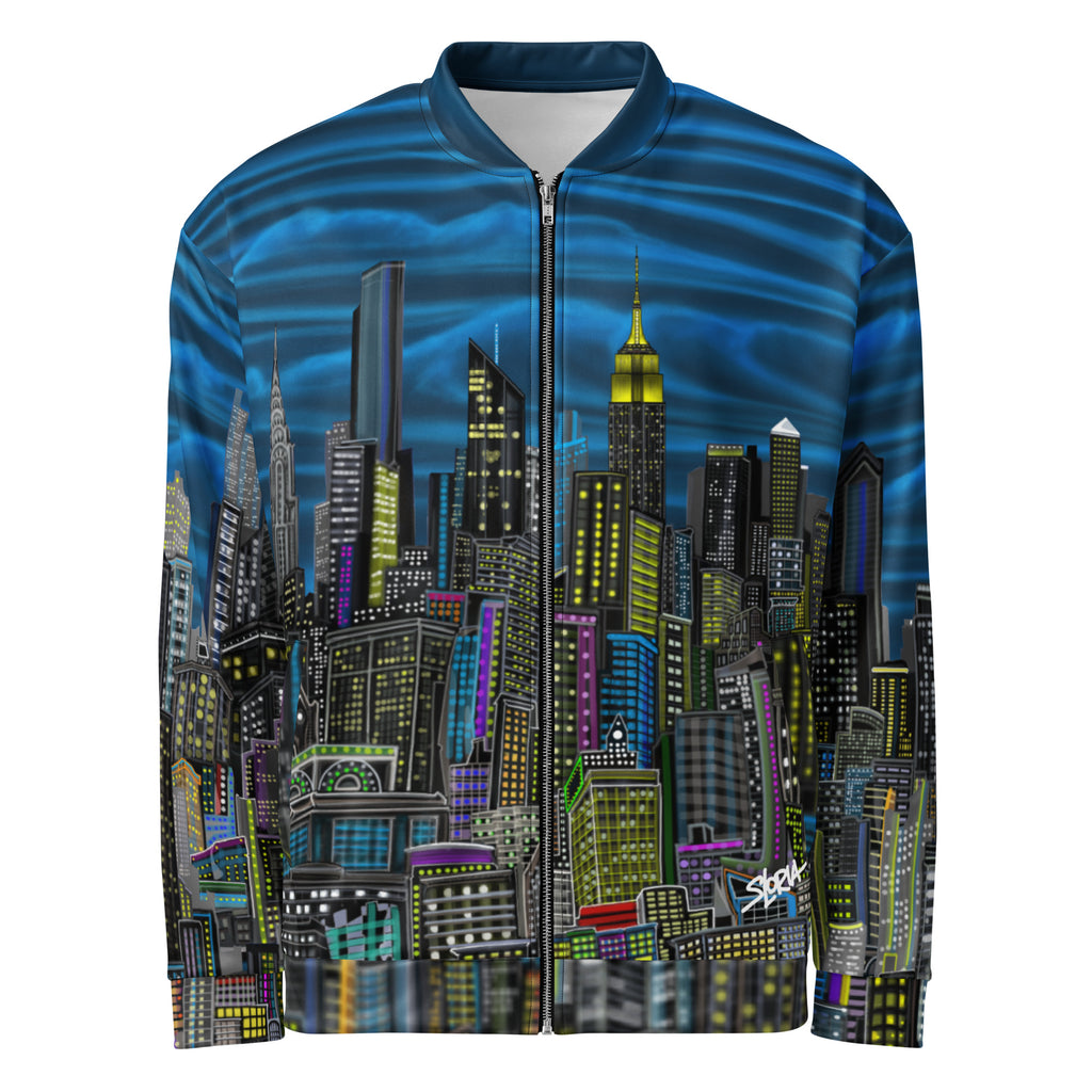 Jacket with cityscape designed by Loria NYC Art on a white background