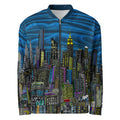 Jacket with cityscape designed by Loria NYC Art on a white background